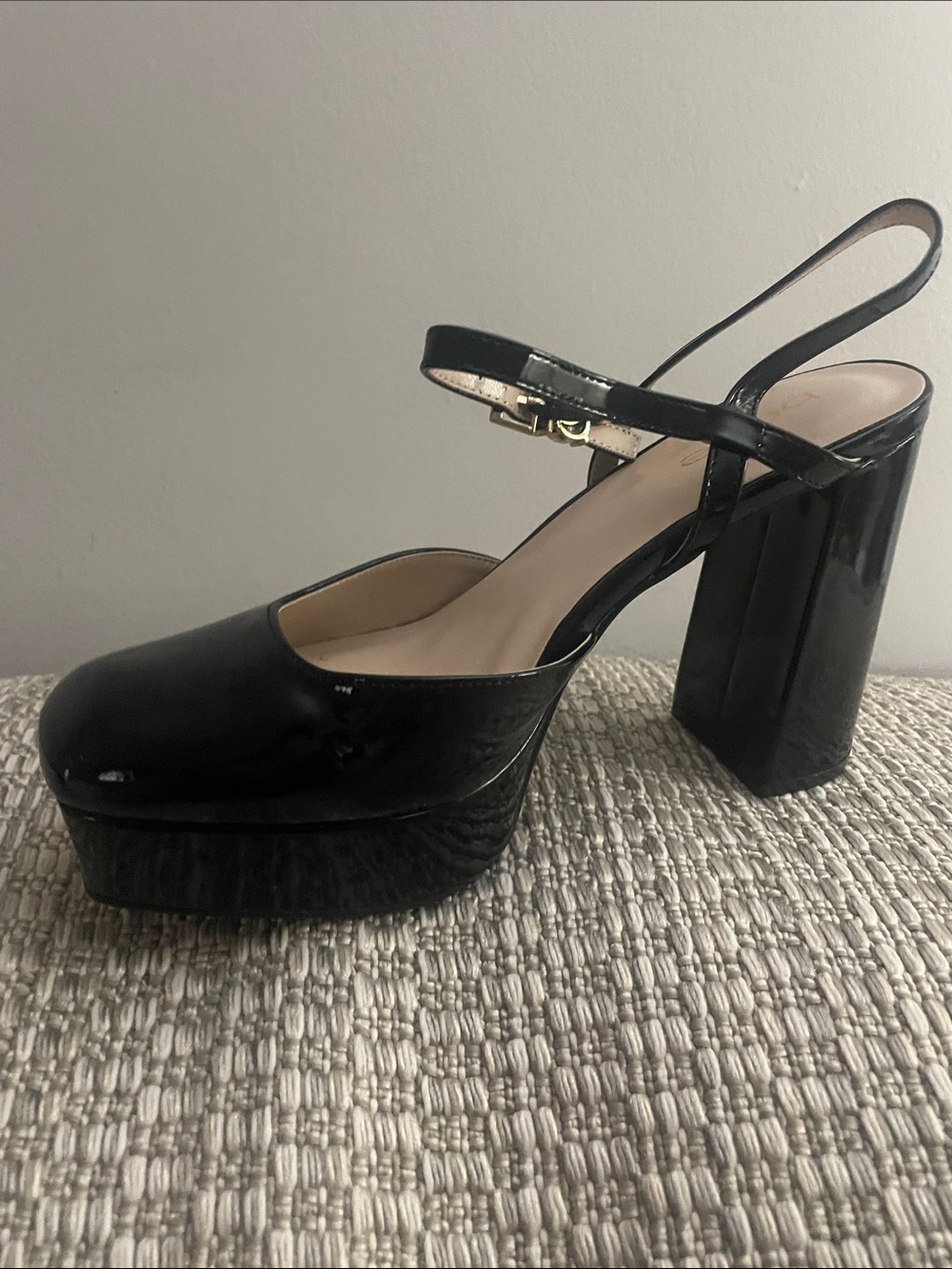 bebe Black Patent Platform Slingback Block Heels